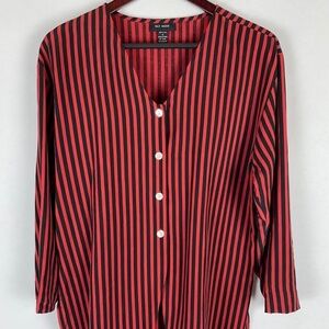 Silk House Red Black Vertical Stripes 100% Silk Button Down top, Small EUC
